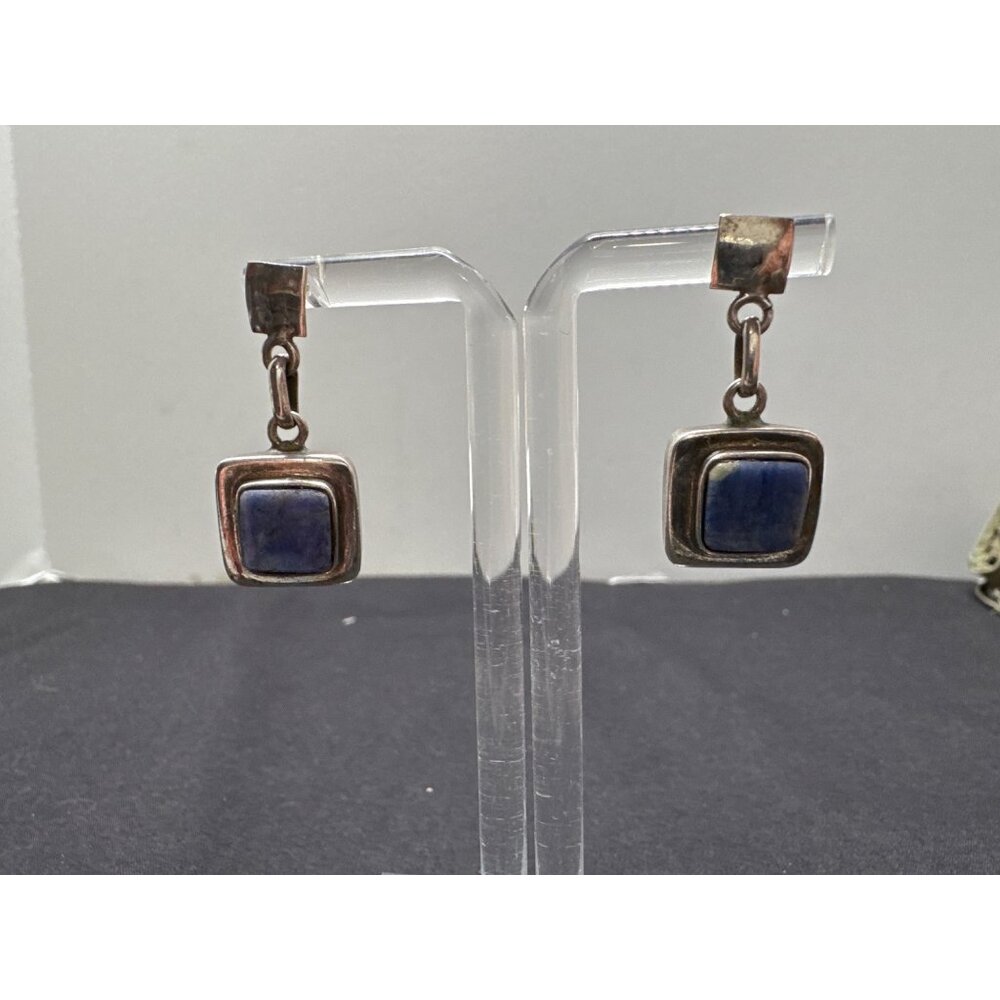 Sterling Silver 950 Drop Earrings With Blue Stone Inlay Dangle Style Vintage Loo